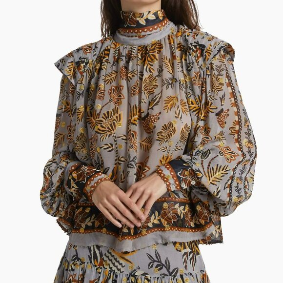 FARM Rio Tops - Farm Rio  Floral Tapestry Embroidered Bishop-Sleeve Blouse